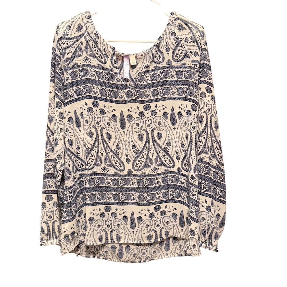 Alya Womens Long Sleeve Paisley Floral V-Neck Blouse Navy Cream Large